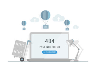 Laptop screen with 404 error page vector flat illustration. Page not found, system updating, uploading, computer software. Problems with internet connection or website address. HTML and CSS signs.