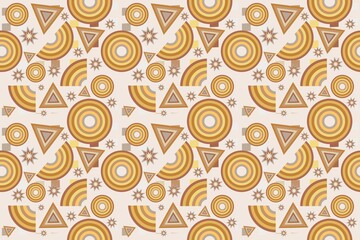 Geometric pattern of repeating circles, triangles, stars of brown and gray shades for textiles, tiles, paper