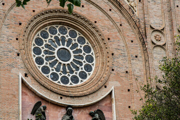 The façade and rose window of the Cathedral of the Immaculate Conception, also called the New Cathedral, overlooks Piazza Calderon, in Cuenca