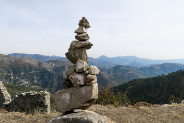 View of a cairn in the Rocca Sparviera ghost village, France