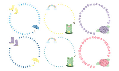 梅雨　水彩　手描き　円フレーム　セット/ Hand Drawn Watercolor Cute Rainy Season Monsoon Season Circle Frame Set - Vector Image