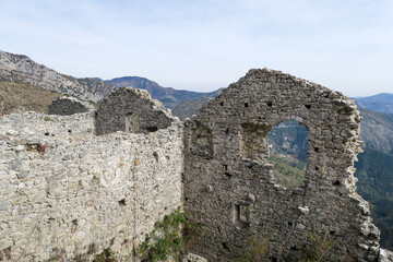Fototapeta na wymiar Ruins of Rocca Sparviera, a ghost village located in the Alpes-Maritimes, France