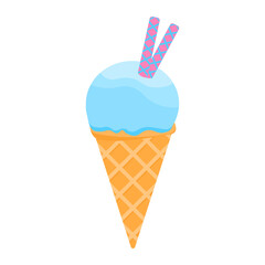 Waffle cone with blue ice cream and tubules