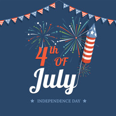 Happy Independence Day of United States of America vector flat poster design. 4th of July in USA flyer template with fireworks, garlands and American flags for holiday celebrating.