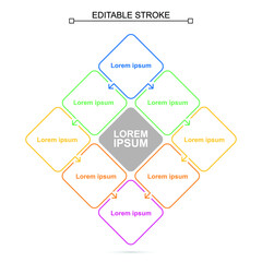 Thin line business infographic template with eight steps or options, rhombus shape, square, presentation, editable line