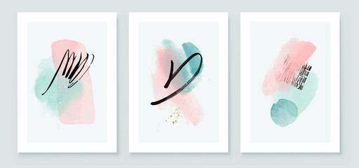 Teal and Peach Abstract Watercolor Compositions. Set of soft color painting wall art for house decoration or invitations. Minimalistic background design. Vector wall art plants in minimalist style.