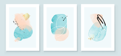 Teal and Peach Abstract Watercolor Compositions. Set of soft color painting wall art for house decoration or invitations. Minimalistic background design. Vector wall art plants in minimalist style.