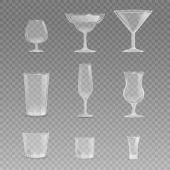 Set of glasses for different drinks vector realistic illustration isolated on transparent background. Empty cups, goblets, wine glasses and snifters for beer, wine, cognac, and other alcoholic drinks.