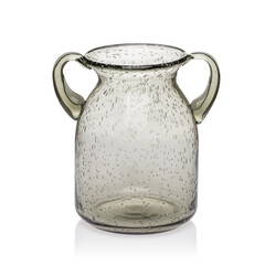 Glass transparent jug of brown color with two handles for drinks on a white isolated background.