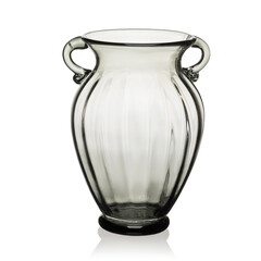 Glass transparent jug of brown color with two handles for drinks on a white isolated background.