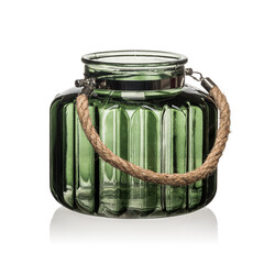 Transparent glassware for storing food and papitas. Rope handle. Faceted surface. White isolated background