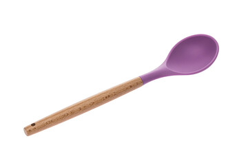 Kitchen tool for preparing food. Ladle, spoon with wooden handle. Lilac. White isolated background.