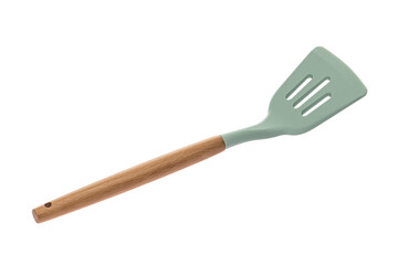 Kitchen tool for preparing food. Wooden handle. Turquoise. Flat spatula for turning food in the pan. White isolated background.