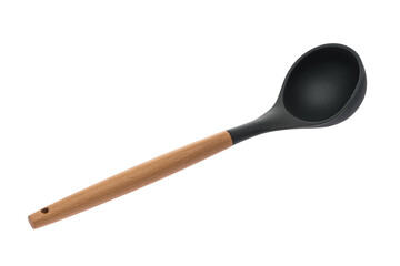 Kitchen tool for preparing food. Ladle, spoon with wooden handle. The black. White isolated background.