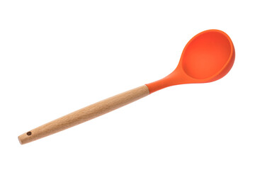 Kitchen tool for preparing food. Ladle, spoon with wooden handle. Orange. White isolated background.