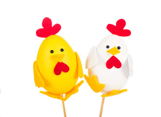 Decorative rooster with wooden stick. Easter decoration.