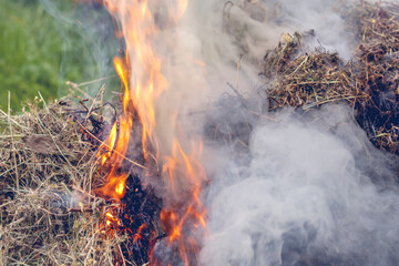 smoke and fire of burning grass in a countryside field