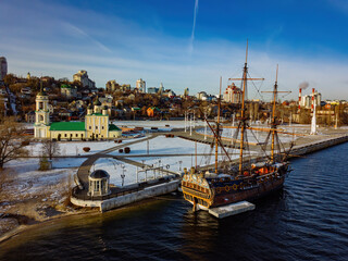 City of Voronezh, aerial view. Admiralteiskaya square, Assumption Admiralty Church and monument of first Russian ship