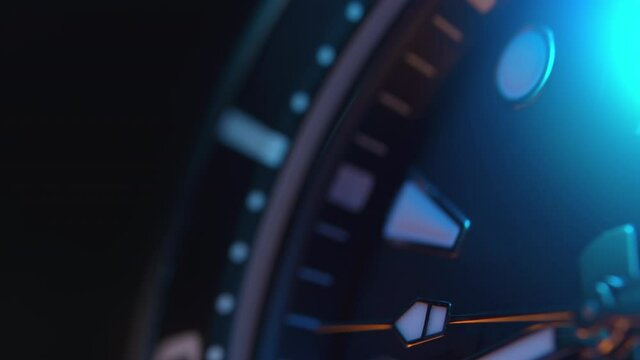 Mens divers swiss watch made with sapphire glass. Luxury clock, time-lapse of second hand going on. Close-up studio macro footage.