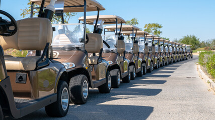 A row of electric golf carts on a golf course. © MSM