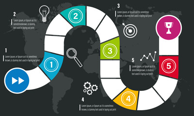 Project Timeline Infographics in board game design, company roadmap, timeframe, milestones and achievements	
