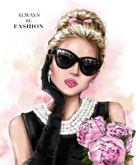 Beautiful blond hair girl in sunglasses. Fashion girl with hair bun. Pretty woman with peonies. Stylish look. Woman in black gloves. Lady with pearls on her neck. Fashion illustration. © marisa__