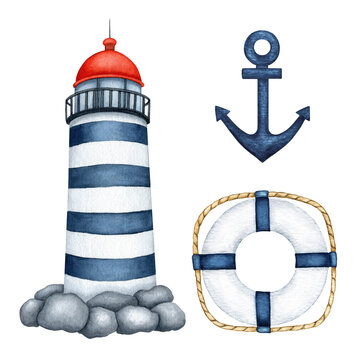 Watercolor Nautical set. Sea, ocean traveling . Blue white Lighthouse with red roof, Anchor, Lifebuoy. Ship Navigation equipment. Hand drawn clipart collection, elements isolated for marine design