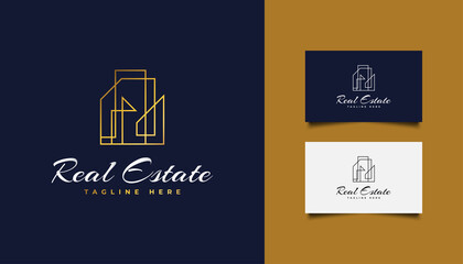Real Estate Logo in Gold Gradient with Line Style. Construction, Architecture or Building Logo Design Template