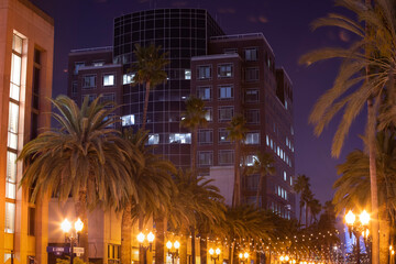 Night descends on the skyline of the Anaheim, California USA.