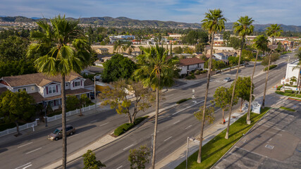 Sunset aerial view of downtown Yorba Linda, California, USA.