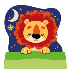 Obraz na płótnie Canvas Cute lion cub toddler sleeping under a green blanket. Stars and moon in the night sky. Vector illustration in cartoon style for children. Isolated funny clipart kids on white background fun