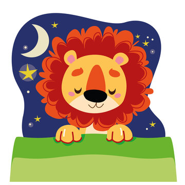 Cute lion cub toddler sleeping under a green blanket. Stars and moon in the night sky. Vector illustration in cartoon style for children. Isolated funny clipart kids on white background fun