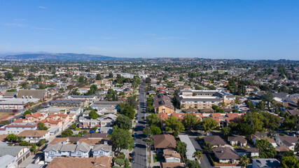 Aerial view of downtown center of Alhambra, California.