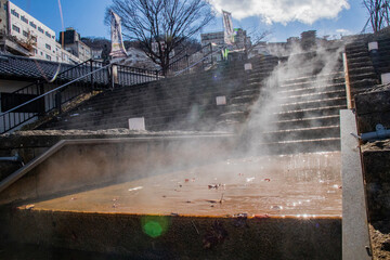 伊香保石段街の階段から出る湯気