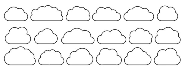 Line black empty flat vector cloud set. Clouds cartoon symbols on white background for web site design, logo, app. Bubble icon collection for infographic design. Label and stickers