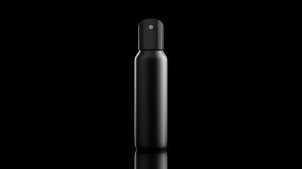 Black blank aluminum spray can on black background. The black template bottle spray for design. 3D rendering illustration