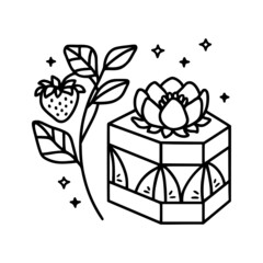 Hand drawn cute cake, pastry, strawberry, floral and bakery elements in linear style and isolated white background. Food drawing for children coloring page, icon, product logo, emblem, decoration