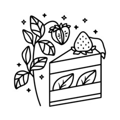 Hand drawn cute cake, pastry, strawberry, floral and bakery elements in linear style and isolated white background. Food drawing for children coloring page, icon, product logo, emblem, decoration