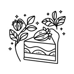 Hand drawn cute cake, pastry, strawberry, floral and bakery elements in linear style and isolated white background. Food drawing for children coloring page, icon, product logo, emblem, decoration
