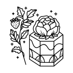 Hand drawn cute cake, pastry, strawberry, floral and bakery elements in linear style and isolated white background. Food drawing for children coloring page, icon, product logo, emblem, decoration