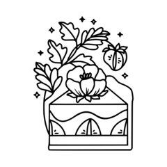 Hand drawn cute cake, pastry, strawberry, floral and bakery elements in linear style and isolated white background. Food drawing for children coloring page, icon, product logo, emblem, decoration