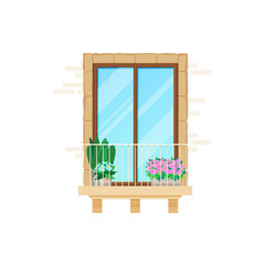 Balcony and house window, building classic flat facade, vector architecture. Apartments balcony with door, banister on brick wall and flowers, villa glass terrace or patio veranda