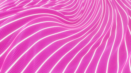 Beautiful wavy background. White glowing stripes on a magenta background. 3D rendering image.