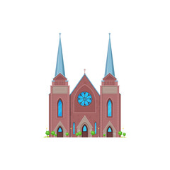 Cathedral or church, medieval ancient temple or chapel, vector religion building. Catholic or christian church and evangelic cathedral with crucifix cross on steeple or campaniles
