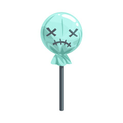 Sweet candy on stick with scary Halloween face on blue wrapping. Vector spooky ghost on packaging, crossed eyes and mouth. Trick or treat confectionery, creepy holiday sweets, caramel lollipop