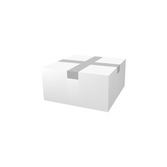 Realistic box 3d mockup, blank white cardboard package wrapped with tape. Carton closed paper pack or delivery parcel template, present, food or cosmetic packaging, isolated vector mock up