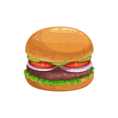 Burger, fast food sandwich menu icon, vector isolated street food hamburger. Fastfood restaurant and bistro meal, burger with grill meat patty in sesame bun, food court sandwich snack