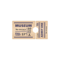 Retro full ticket to museum isolated coupon card with price, date and class. Vector raffle coupon, special voucher on excursion or exhibition. Admission to visit cultural event, admit one performance