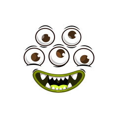 Monster face cartoon vector icon, creepy creature, emotion with three round eyes and smiling toothy mouth with fangs. Halloween alien spooky emoji isolated on white background