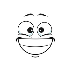 Cartoon face isolated vector icon, wide delighted smile facial emoji, happy funny creature, happy human emotion, comic face with toothy smiling mouth and round eyes